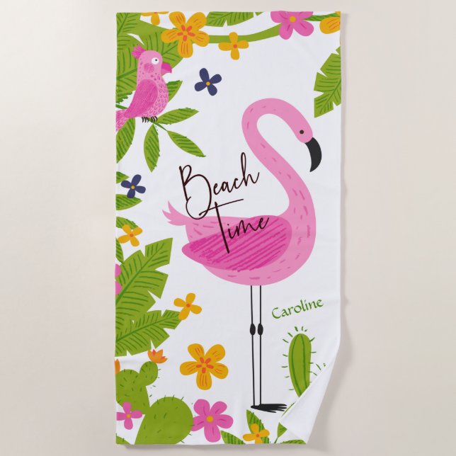 Serviette De Plage Beach Time Flamant rose rose et perroquet (Devant)