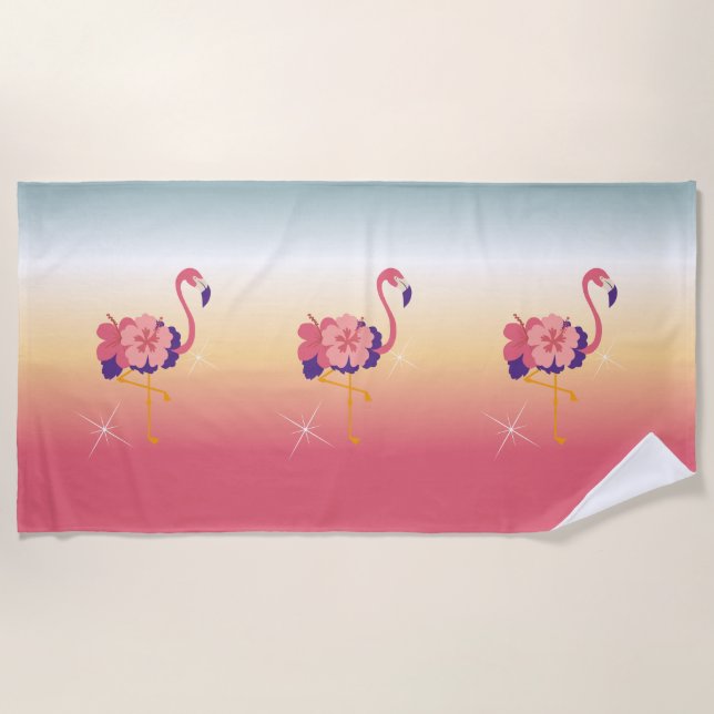 Serviette De Plage Beach Towel Flamant rose Sunset, Ajouter un nom (Devant)