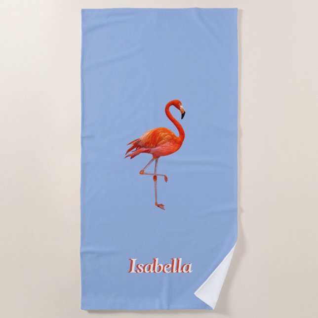 Serviette De Plage Beau flamant sur bleu clair personnalisé (Devant)