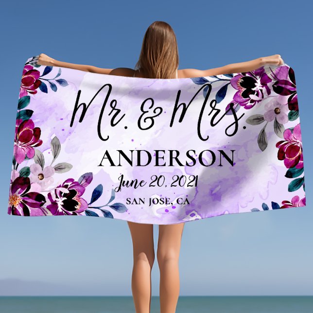 Serviette De Plage Beau Floral Mr & Mrs Mariage ou Anniversaire (Beautiful Floral Mr & Mrs Wedding or Anniversary Beach Towel)