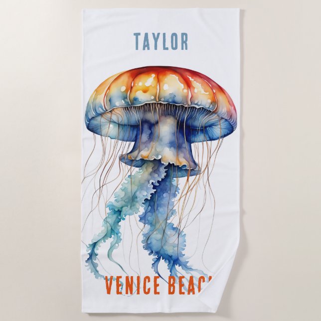 SERVIETTE DE PLAGE BEAU JELLYFISH DE COULEUR D'EAU, PERSONNALISÉ (Devant)
