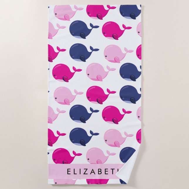 Serviette De Plage Beaux Baleines, Motif De Baleines, Votre Nom (Devant)