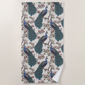 Serviette De Plage Beaux Paons en Ivoire et Fleurs de Magnolia