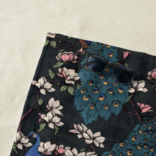 Serviette De Plage Beaux Peacocks noirs et Fleurs de Magnolia