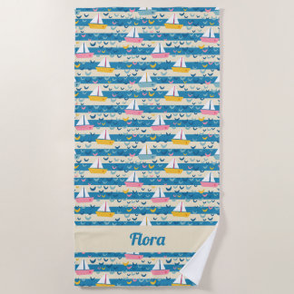 Serviette De Plage Beaux voiliers roses rétro sur bandes bleues