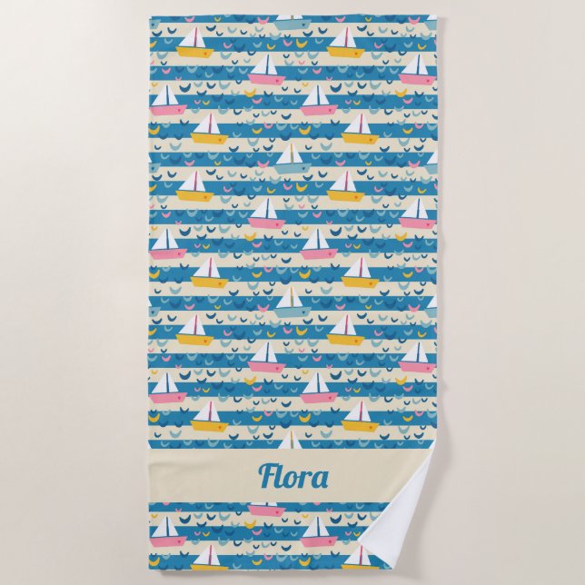 Serviette De Plage Beaux voiliers roses rétro sur bandes bleues (Devant)