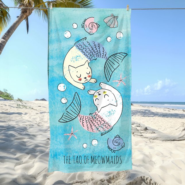 Serviette De Plage Belle aquarelle verte Tao de Meowmaids (Find your path to serenity and the right balance of cuteness with this yin yang tao inspired towel.)