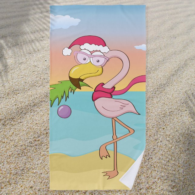 Serviette De Plage Belle caricature Flamingo de Noël sur la plage (Colorful and fun beach towel with cute Christmas flamingo cartoon design)