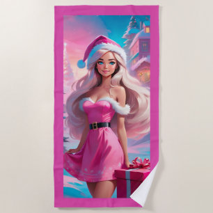 Serviette De Plage Belle fille de Noël rose 01