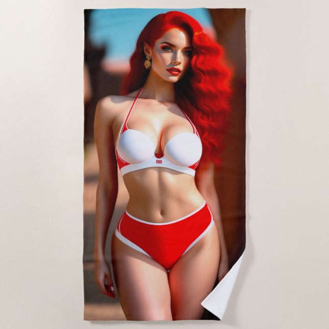 Serviette De Plage Belle rousse fille illustration Beach Towel (Devant)