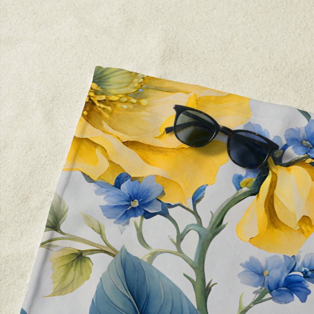 Serviette De Plage Belles Fleurs Jaunes et Bleues (En situation)