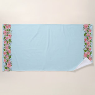 Serviette De Plage Belles fleurs roses sur bleu clair