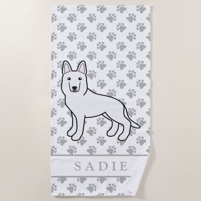 Serviette De Plage Berger blanc Berger allemand blanc & Nom personnal (Devant)