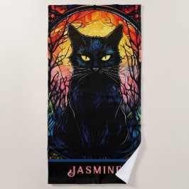 Serviette De Plage Black Cat Vitrail Rouge Éffrayant