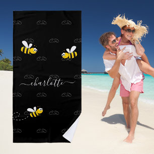 Serviette De Plage Black happy bumble abeilles été fun humour monogra