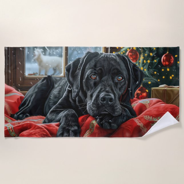 Serviette De Plage Black Labrador Chien Festive de Noël (Devant)