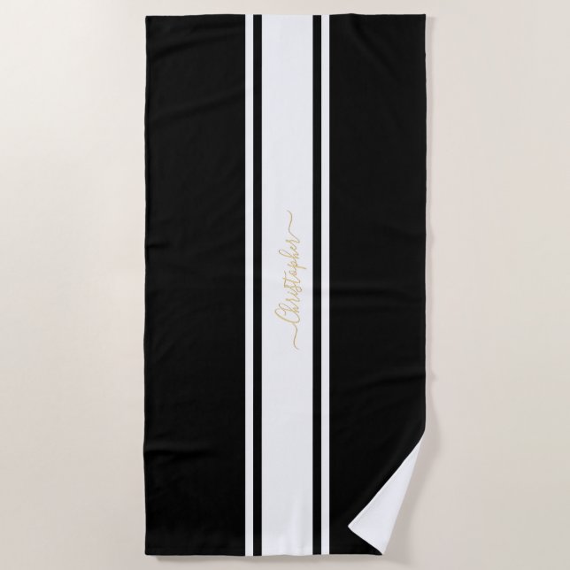 Serviette De Plage Black White Racing Stripes Gold Monogrammed Pool (Devant)