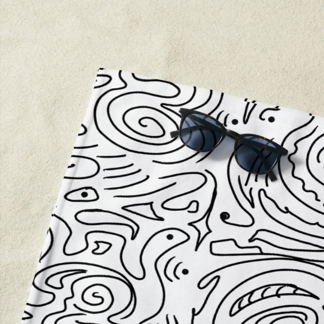 Serviette De Plage Blanc avec Abstrait noir ligne Wavy (En situation)