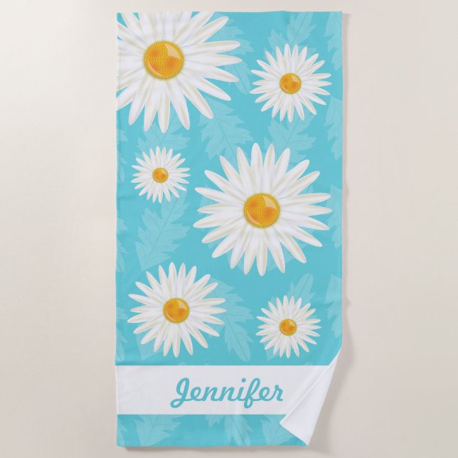 Serviette De Plage Blancs Sur Bleu Avec Nom Personnalisé (Devant)