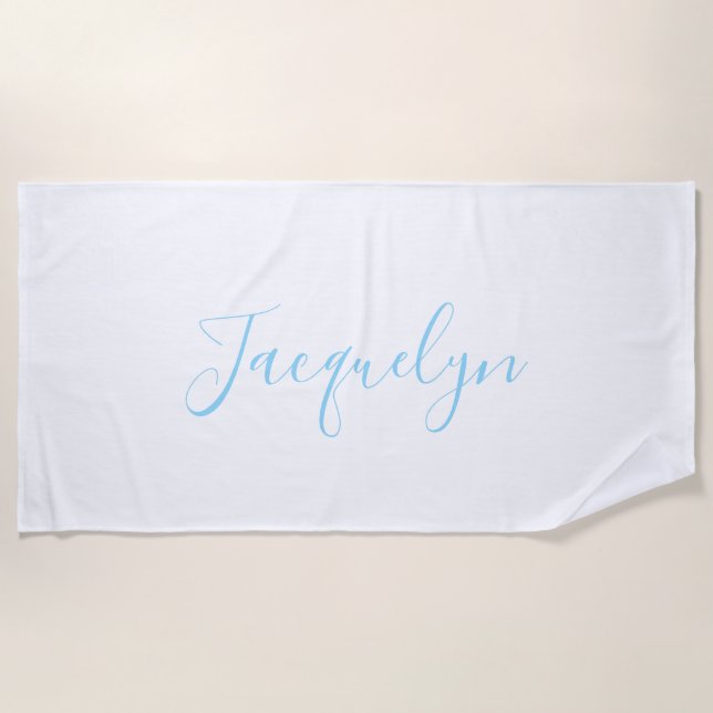 Serviette De Plage Bleu Blanc Plaine Élégant Moderne Calligraphie Nom (Devant)