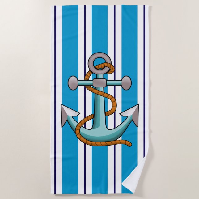 Serviette De Plage Bleu Blancs Ancre Nautique (Devant)