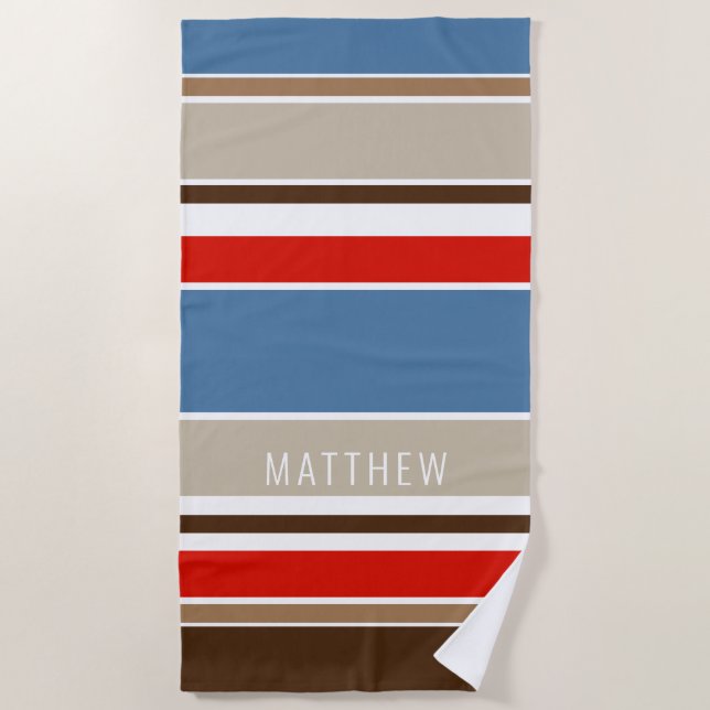 Serviette De Plage Bleu bleu foncé Brown rouge blanc rayures (Devant)