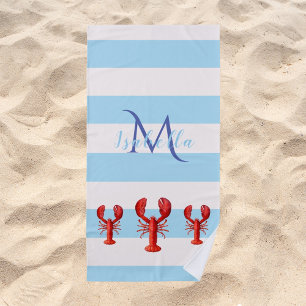 Serviette De Plage Bleu clair rayures rouge homard nom