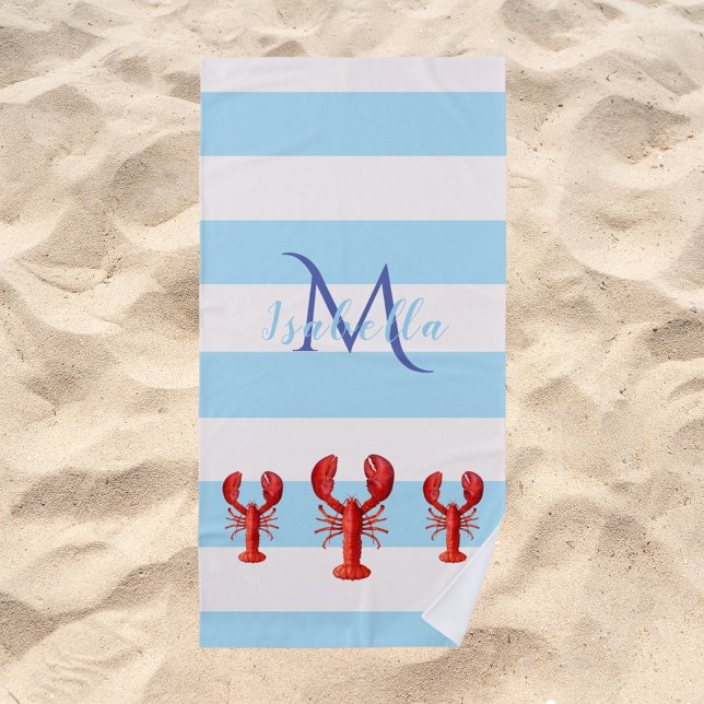 Serviette De Plage Bleu clair rayures rouge homard nom (Créateur téléchargé)