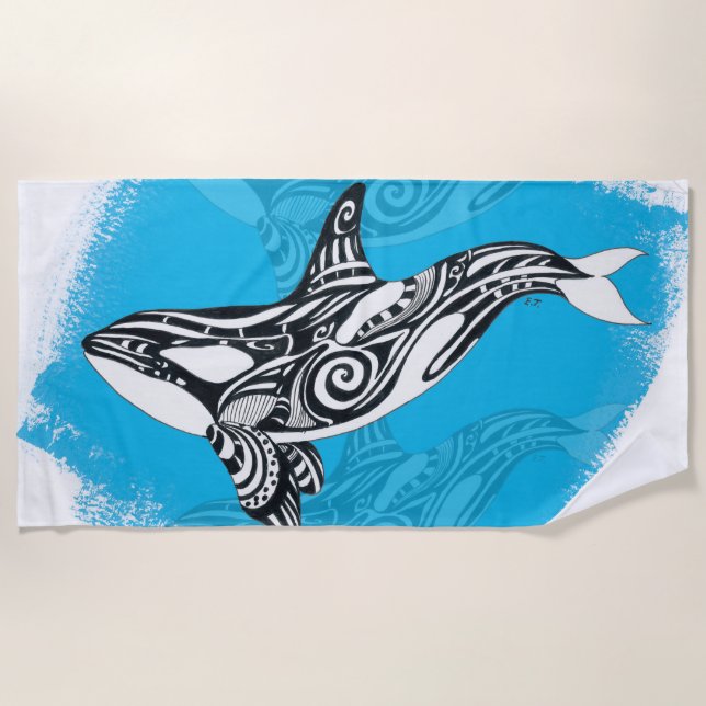 Serviette De Plage Bleu d'esprit tribal de tatouage d'épaulard (Devant)
