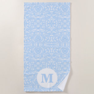 Serviette De Plage Bleu doux et blanc avec Monogramme