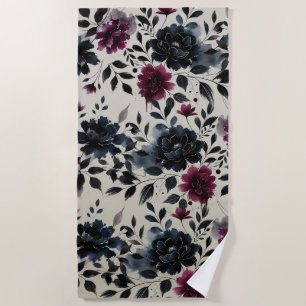 Serviette De Plage Bleu minuit Bourgogne floral encre beige amande