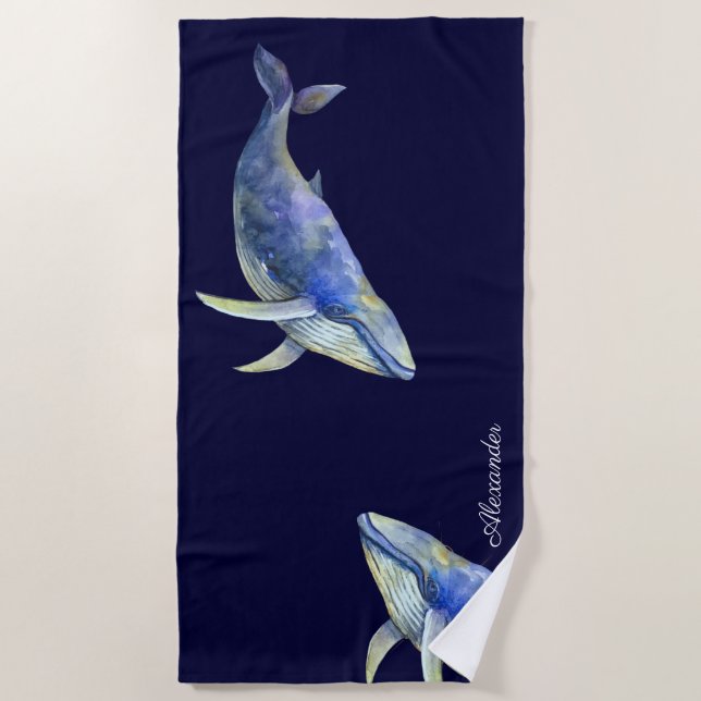 Serviette De Plage Bleu nautique Aquarelle Bleu Blanc Nom B (Devant)