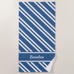 Serviette De Plage Bleu nautique personnalisé et bandes blanches