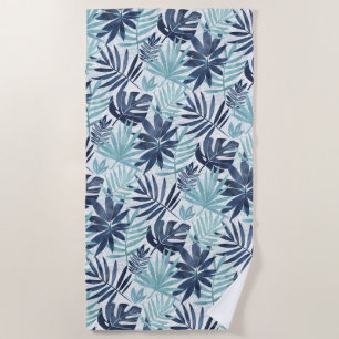 Serviette De Plage Bleu Nuit Aqua & Feuille de Palmier Blanche