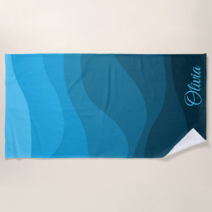 Serviette De Plage Bleu ondulé océan style rétro vagues design