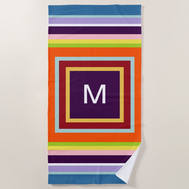 Serviette De Plage Bleu rose jaune orange violet monogramme (Devant)