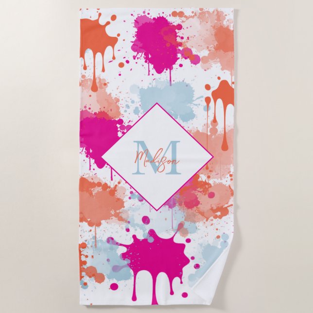 Serviette De Plage Bleu rose orange Abstrait Peinture (Devant)
