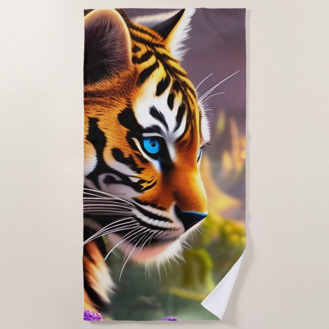 Serviette De Plage Bleu Tiger Cub et Fleurs pourpres (Devant)