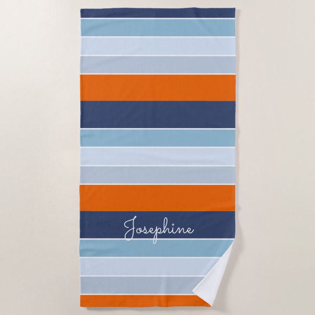 Serviette De Plage Bleus cool et rayures orange nom personnalisé (Devant)