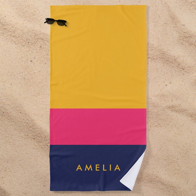 Serviette De Plage Bloc de couleur bleu rose jaune vif (Créateur téléchargé)