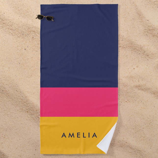Serviette De Plage Bloc de couleur bleu rose jaune vif (Créateur téléchargé)