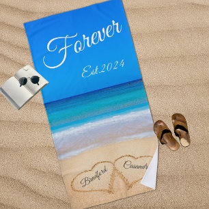 Serviette De Plage Blue Beach Coeurs de mariage dans Sand Forever Bea