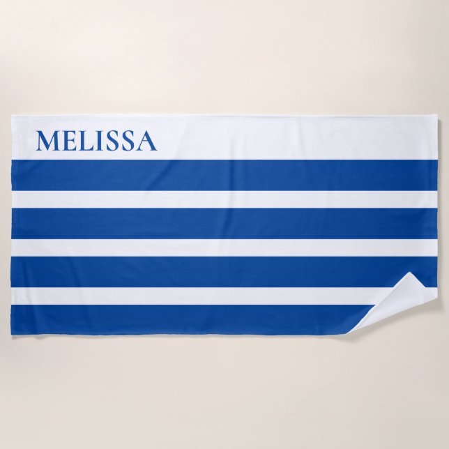 Serviette De Plage Blue Cabana Stripe Personalized Summer Vacation (Devant)