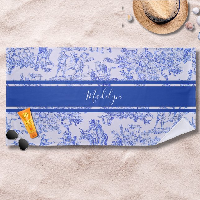 Serviette De Plage Blue French Toile Nom personnalisé (French Toile Beach Towel with customizable name.)