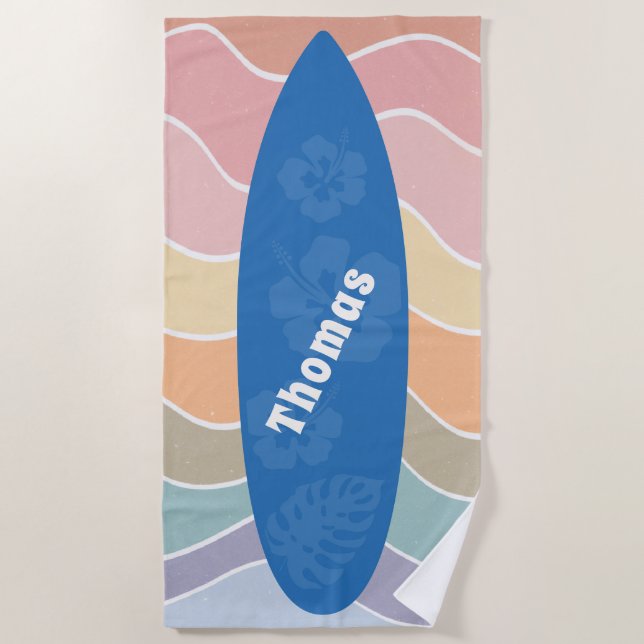 Serviette De Plage Blue Hawaii Surfboard on Pastel Waves (Devant)
