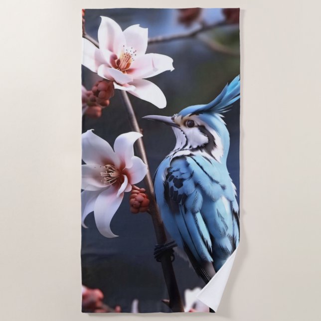 Serviette De Plage Bluejay et Fleurs (Devant)