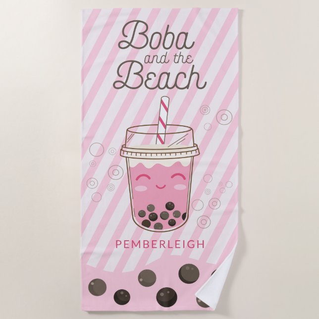 Serviette De Plage Boba Buble Tea Pink Stripes (Devant)