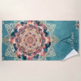 Serviette De Plage Boho Aquarelle Nebula Gold Flower Mandala Yogi