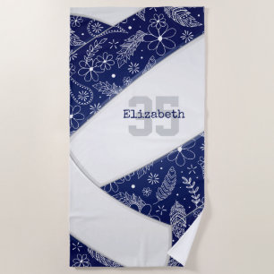 Serviette De Plage boho bleu marine doodle floral motif volleyball