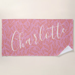 Serviette De Plage Boho Motif de feuille botanique en rose Personnali